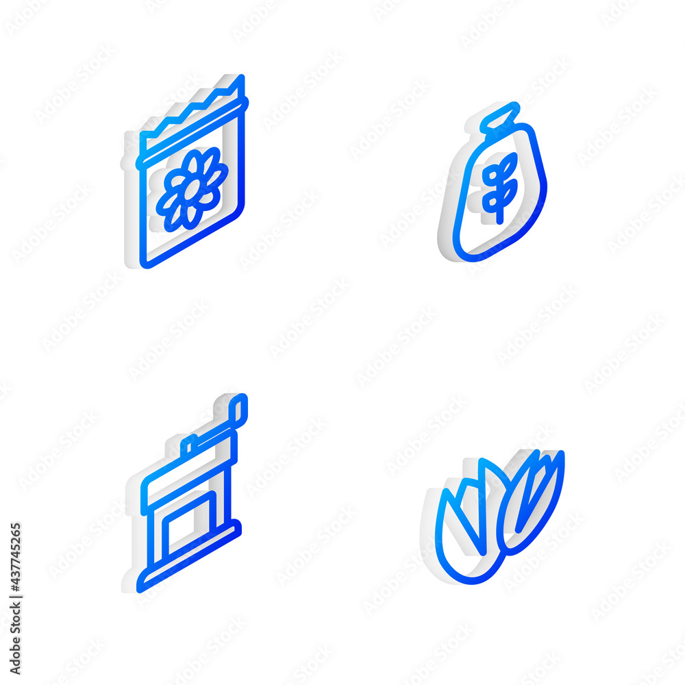 Set Isometric line Bag of flour, Pack full seeds plant, Manual coffee grinder and Pistachio nuts icon. Vector Set Isometric line Bag of flour, Pack full seeds plant, Manual coffee grinder and Pistachio nuts icon. Vector