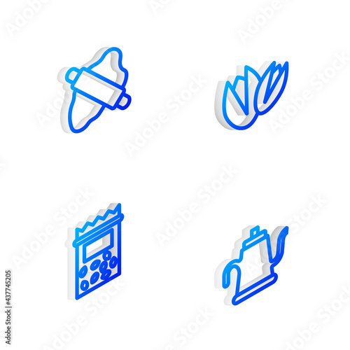 Set Isometric line Pistachio nuts, Rolling pin on dough, Pack full of seeds of plant and Watering can icon. Vector