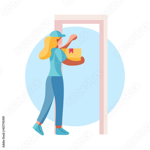 Isolated delivery girl with a package knocking a door Vector illustration