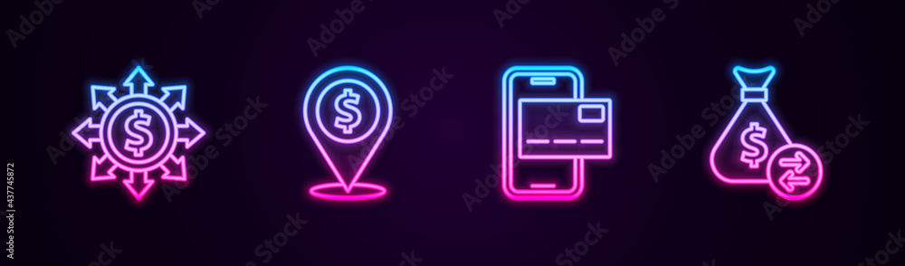 Fototapeta premium Set line Dollar, share, network, Cash location, Mobile banking and Money bag. Glowing neon icon. Vector