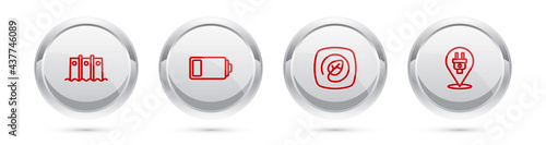 Set line Hydroelectric dam, Battery, Location with leaf and Electric plug. Silver circle button. Vector