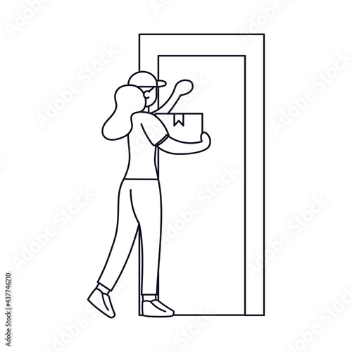 Isolated delivery girl with a package knocking a door Vector illustration