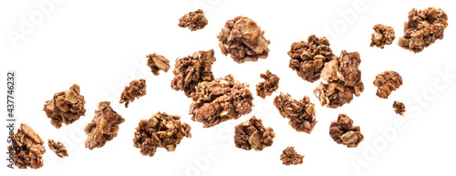 Chocolate granola, crunchy muesli isolated on white background