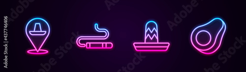 Set line Mexican sombrero, Cigar, and Avocado fruit. Glowing neon icon. Vector