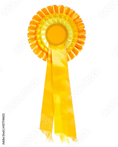Yellow award ribbon on white background isolation