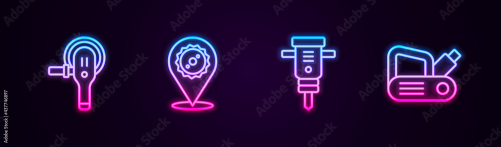 Set line Angle grinder, Circular saw blade, Construction jackhammer and Electric planer tool. Glowing neon icon. Vector Set line Angle grinder, Circular saw blade, Construction jackhammer and Electric planer tool. Glowing neon icon. Vector