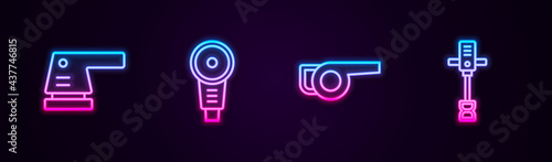 Set line Electric sander, Angle grinder, Leaf garden blower and Electrical hand concrete mixer. Glowing neon icon. Vector