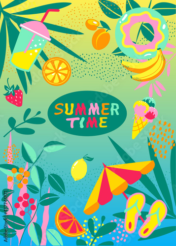  Summer greeting card. A set of fruits with tropical palm leaves and beach umbrellas, slippers and an inflatable circle. Vector illustration, web banner.