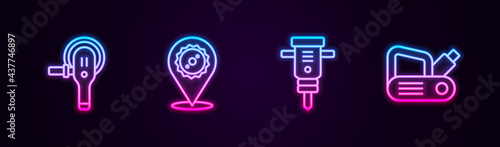 Set line Angle grinder, Circular saw blade, Construction jackhammer and Electric planer tool. Glowing neon icon. Vector
