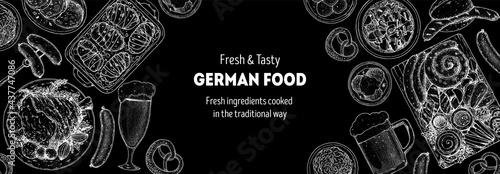 German food menu sketches. Design template. Hand drawn vector illustration. German cuisine. Black and white. Engraved style. Hand drawn food sketch illustration.