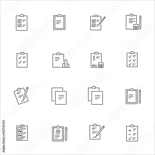 Simple Set of Clipboard Related Vector Line Icons. Contains such Icons as Contact, Checklist, Petition and more. Editable Stroke.