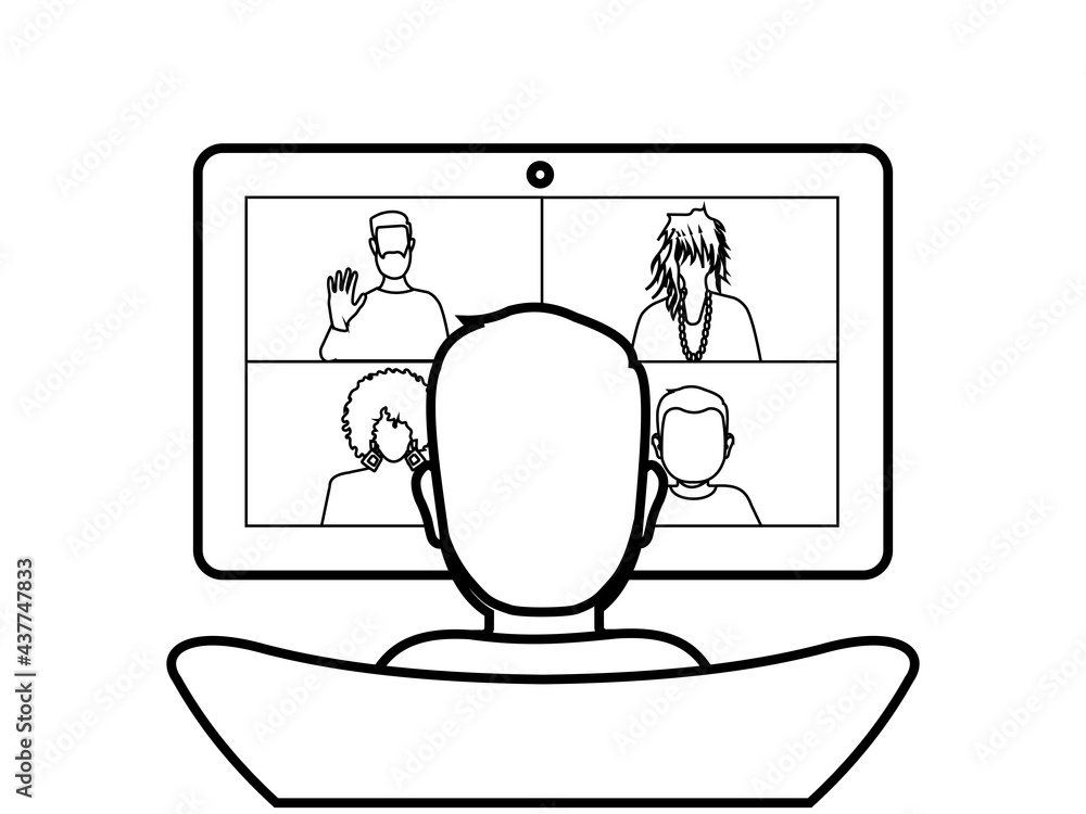 Rear view of a person talking to colleagues, friends or patients. Online video communication. A group of people at a psychologist's appointment. Remote workers. Black line contour. Coloring. Rear view of a person talking to colleagues, friends or patients. Online video communication. A group of people at a psychologist's appointment. Remote workers. Black line contour. Coloring.