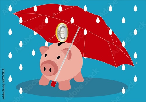 Seguro del ahorro. Ahorros protegidos. Hucha cerdo con una moneda de euro y un paraguas rojo sobre fondo azul con gotas blancas de lluvia.