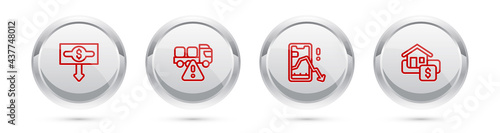 Set line Dollar rate decrease, Stop delivery cargo truck, Mobile stock trading and Hanging sign with Sale. Silver circle button. Vector