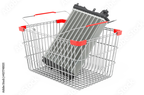 Shopping basket with car radiator. 3D rendering