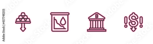 Set line Gold bars, Bank building, Drop crude oil price and Dollar rate decrease icon. Vector