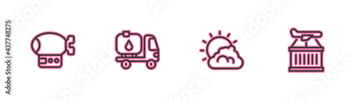 Set line Airship, Sun and cloud weather, Fuel tanker truck and Plane icon. Vector