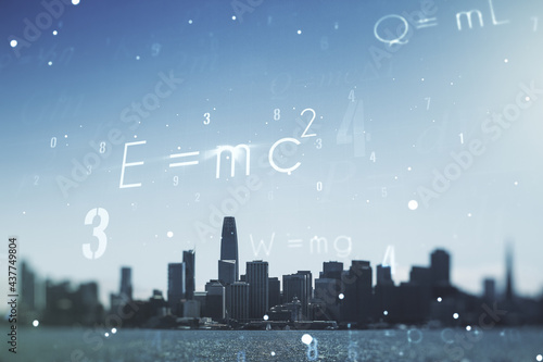 Scientific formula illustration on San Francisco cityscape background, science and research concept. Multiexposure