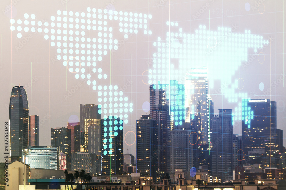 Obraz premium Abstract creative world map interface on Los Angeles skyline background, international trading concept. Multiexposure