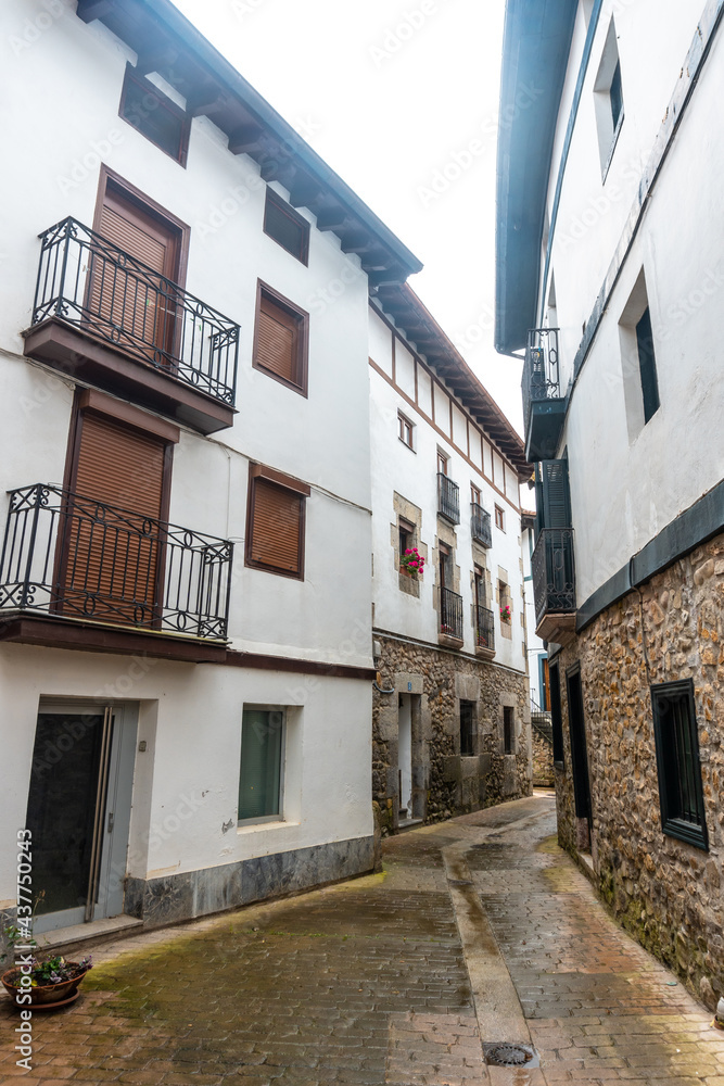 Houses in the historic center of the Ea municipality near Lekeitio, Bay of Biscay in the Cantabrian Sea. Basque Country