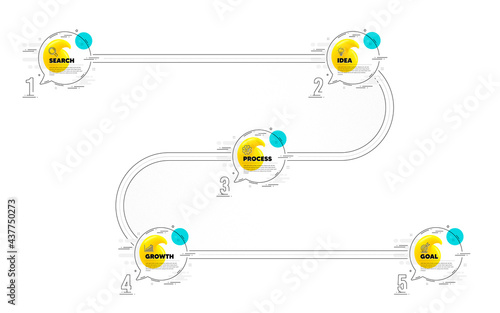 Roadmap journey 5 steps timeline with icons. Research idea, growth chart and goal target icons. Timeline with quote speech bubbles. Infographic roadmap diagram with 5 steps numbers. Vector