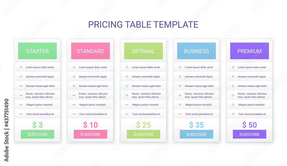 Price chart template with 5 columns. Table data grid. Vector illustration.