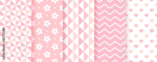 Baby shower pastel patterns. Baby girl seamless backgrounds. Vector illustration.