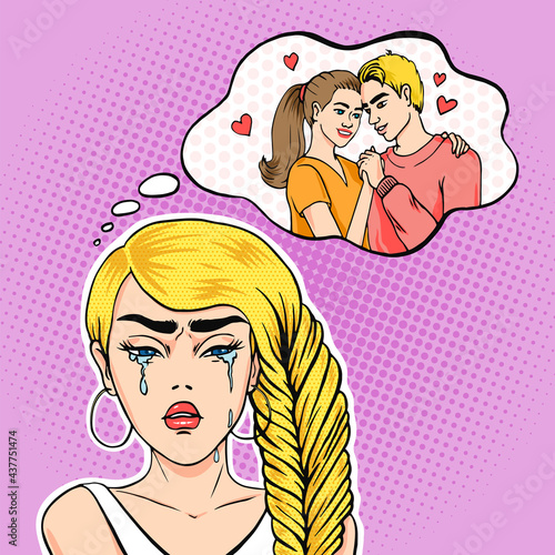Pop art woman crying because her man is cheating with another woman, retro comic style vector illustration