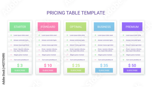 Price chart template with 5 columns. Table data grid. Vector illustration.