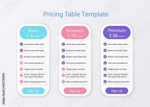 Price table comparison template with 3 columns. Vector illustration.