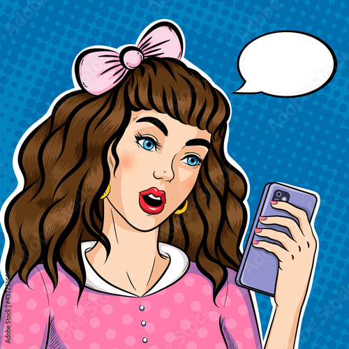 Pop art young woman shocked face watching on her mobile phone screen, vector illustration in retro comic style