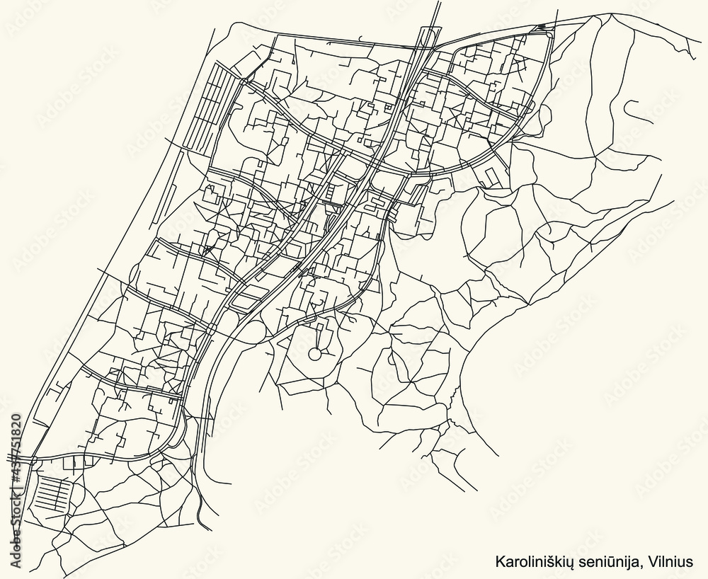 Black simple detailed street roads map on vintage beige background of the quarter Karoliniškės eldership (Karoliniškių seniūnija) of Vilnius, Lithuania