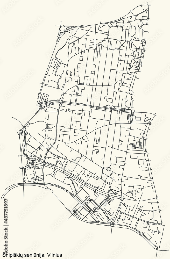 Black simple detailed street roads map on vintage beige background of the quarter Šnipiškės eldership (Šnipiškių seniūnija) of Vilnius, Lithuania
