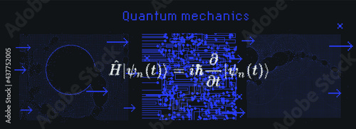 Erwin Schroedinger's linear partial differential equation that describes the wave function of a quantum-mechanical system. Abstract vector illustration with formula and particle field.