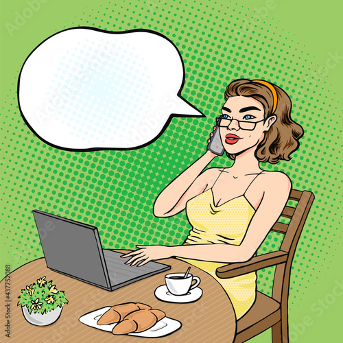 Pop art business woman working at home, freelance and distant work concept vector illustration in comic style