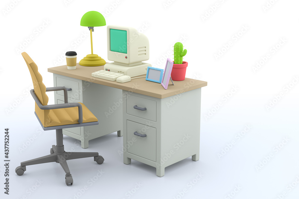 Office Room with Desk, Computer and Chair in White Background, 3d Rendering Office Room with Desk, Computer and Chair in White Background, 3d Rendering