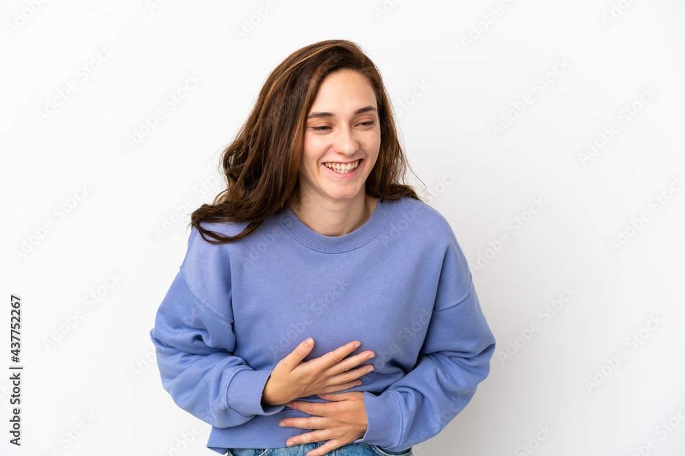 Young caucasian woman isolated on white background smiling a lot Young caucasian woman isolated on white background smiling a lot