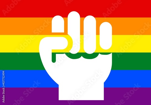 Puño cerrado blanco sobre la bandera LGTBIQ+ en señal de lucha. Día del orgullo en junio