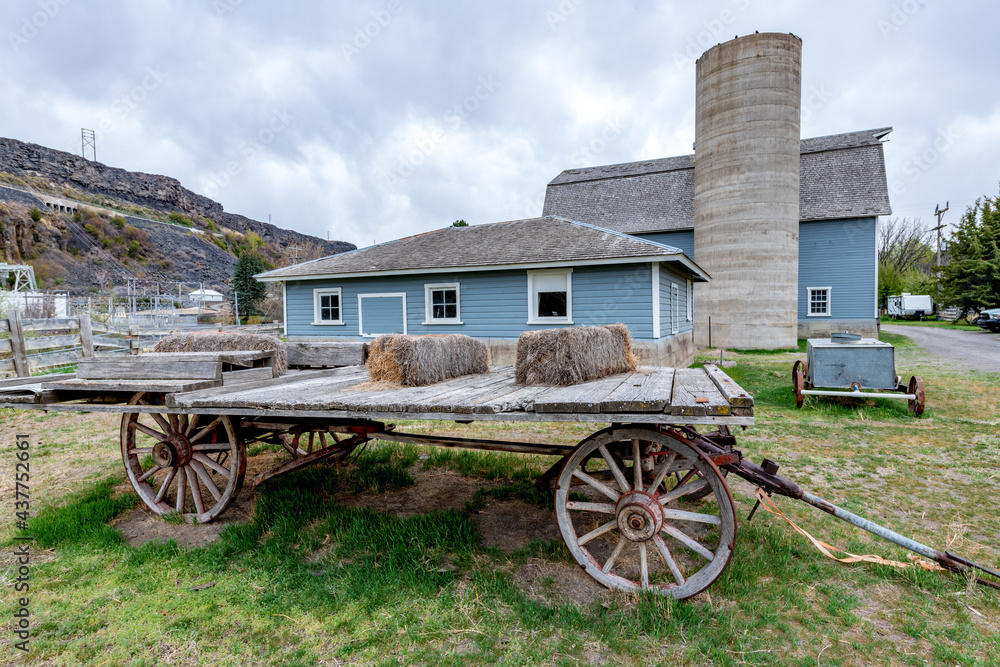 Old wood wagon and barn on an Idaho farm