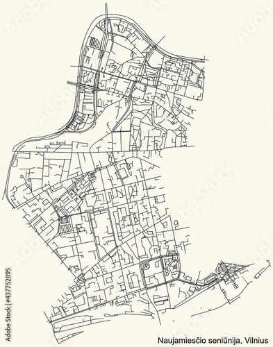 Black simple detailed street roads map on vintage beige background of the quarter Naujamiestis eldership (Naujamiesčio seniūnija) of Vilnius, Lithuania