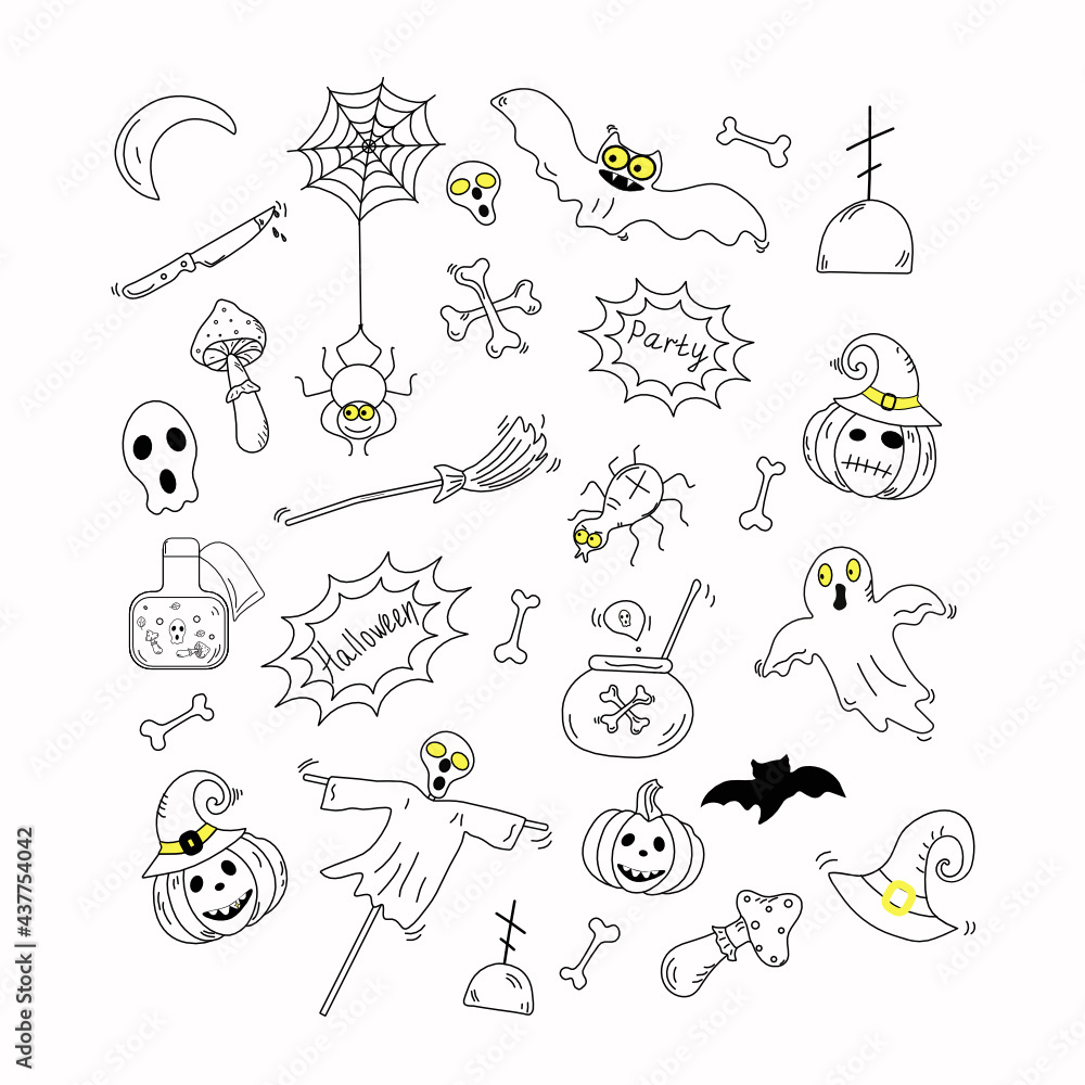 Obraz premium Halloween, set of icons in doodle style. Symbols, icons, attributes of the holiday. Vector drawings. Illustration with isolated background.