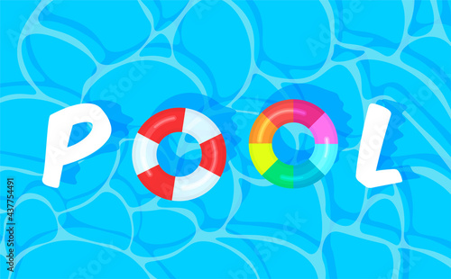 Swimming pool background with colorful lifebuoys. Summer pool party template banner. Float rings. Vector illustration in trendy style. Top view.