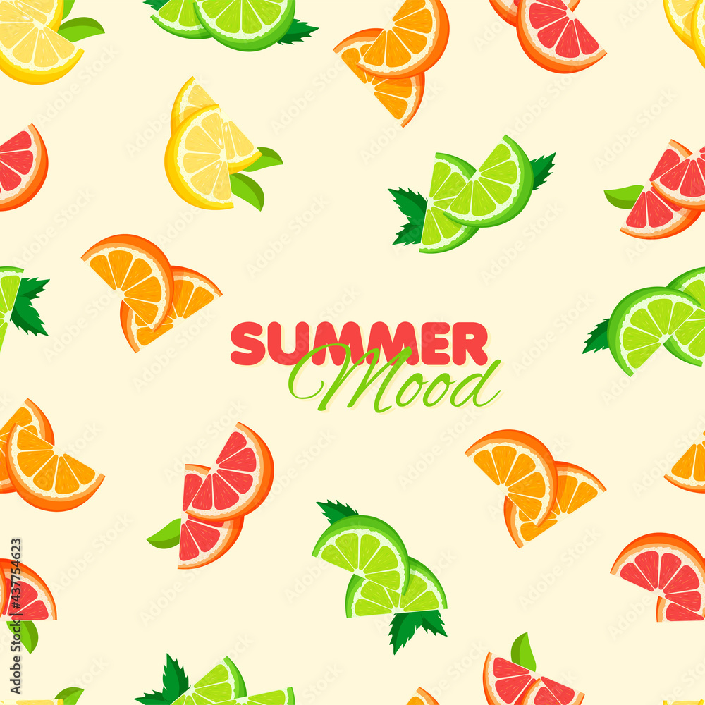 Cartoon orange, lemon, lime seamless pattern. Summer banner concept. Yellow background. Vector illustration. Cartoon orange, lemon, lime seamless pattern. Summer banner concept. Yellow background. Vector illustration.