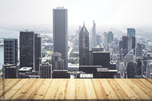 Table top made of wooden dies with beautiful Chicago skyline on background, mockup © Pixels Hunter