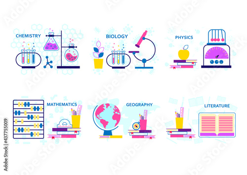 School lesson subjects. Vector graphics of lessons at school, chemistry, math, biology, geography, physics, literature. Modern vector illustration concepts for website, banner, cover. 