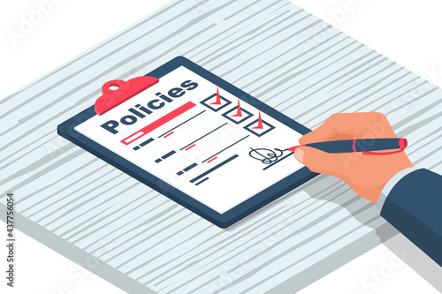 Clipboard in hands of a man with a sheet policies. Write a safety form. Document protection. Handle in the hands of a businessman. Vector illustration isometric 3d design.