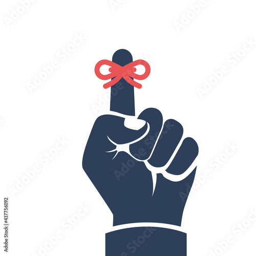 Reminder black icon. Forefinger with red ribbon. Important symbol. Vector illustration flat design. Glyph sign. Isolated on white background. Important symbol. Forgetfulness.