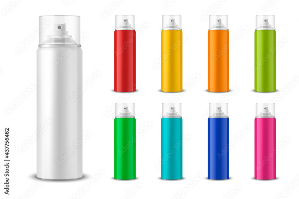 Vector 3d Realistic Aluminum Blank Spray Can, Bottle, Transparent Lid Set Isolated. Design Template, Sprayer Can, Mock up, Package, Advertising, Hairspray, Deodorant Vector 3d Realistic Aluminum Blank Spray Can, Bottle, Transparent Lid Set Isolated. Design Template, Sprayer Can, Mock up, Package, Advertising, Hairspray, Deodorant