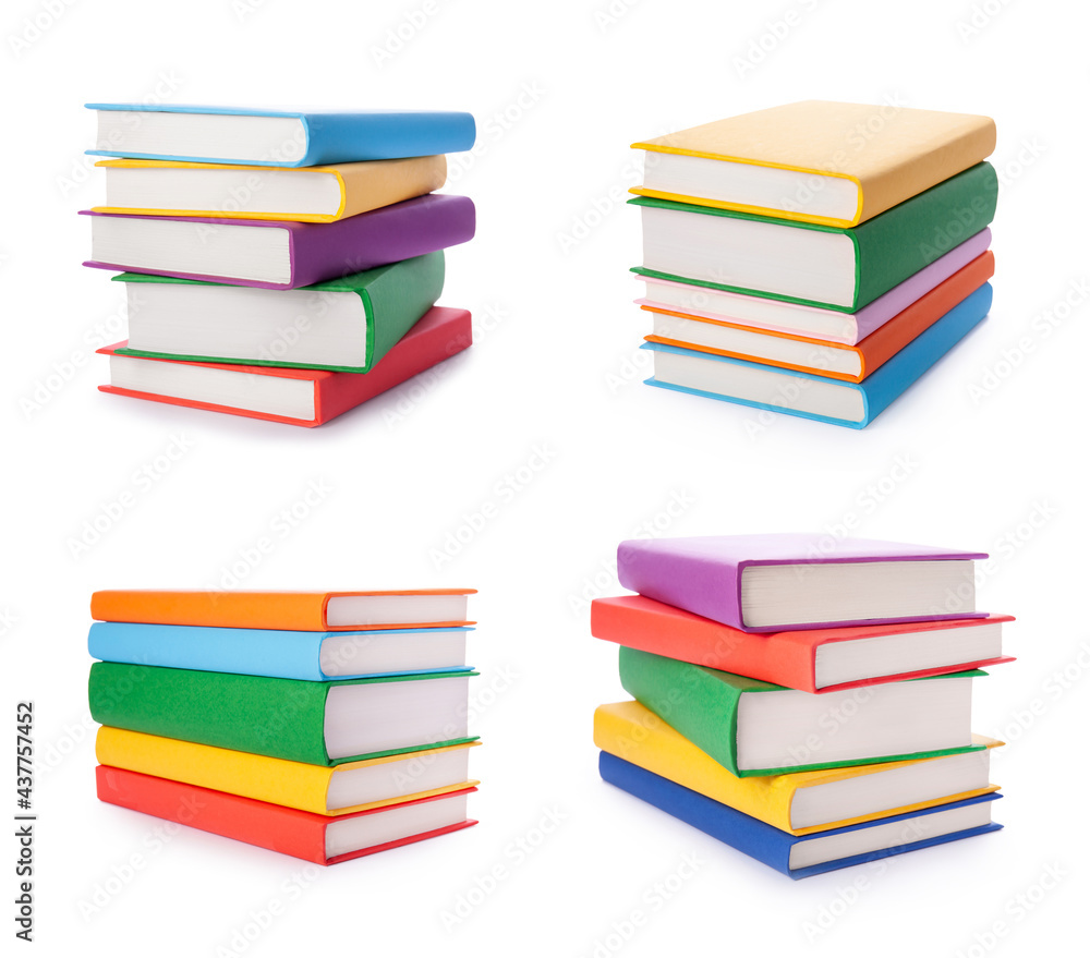 Set of colorful books isolated on white background. Collection of different books. Hardback books for reading. Back to school and education learning concept Set of colorful books isolated on white background. Collection of different books. Hardback books for reading. Back to school and education learning concept