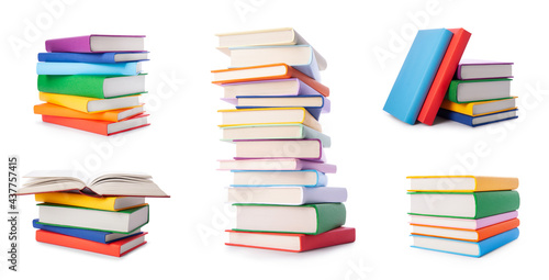 Set of colorful books isolated on white background. Collection of different books. Hardback books for reading. Back to school and education learning concept